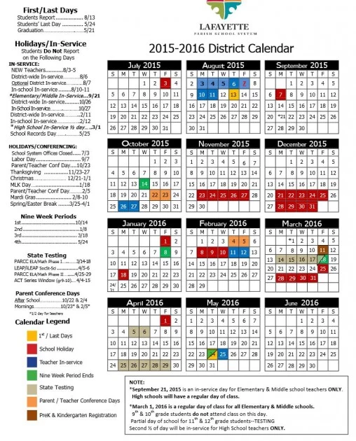 20152016 District Calendar Released For Lafayette Parish School System